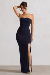 Navy Bandeau Maxi Dress With Split Hem